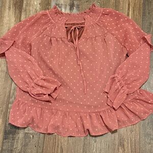 Mauve / Dusty Rose Shimmer Polka Dot Babydoll Style Tie Front Women’s Blouse